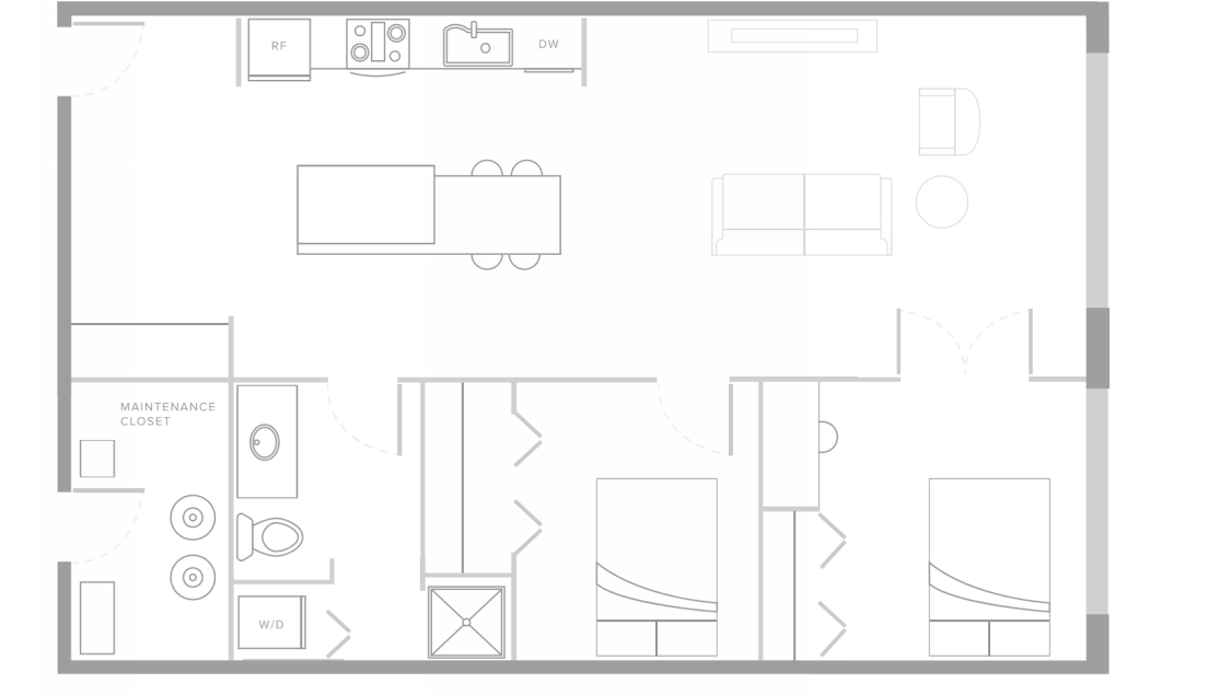 Floor plan for 2 beds, 2 baths, 838 sqft